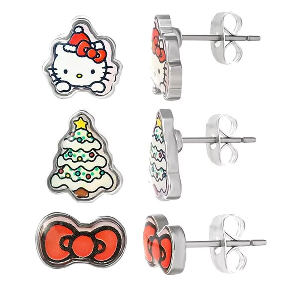 Hello Kitty Jewelry - HELLO KITTY 3pc SET Christmas Silver-tone Enamel Stud Earrings**NEW!